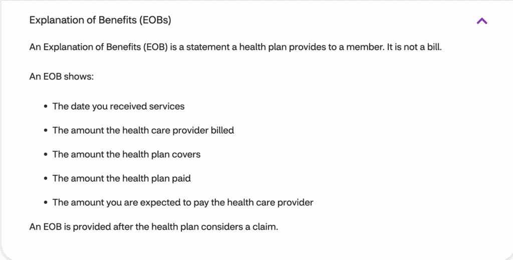 Image showing an Explanation of Benefits (EOB) breakdown, detailing service dates, billed amounts, plan coverage, payments, and expected costs. Important for checking Aetna plan documents.